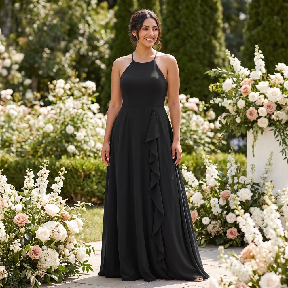 Azazie Naeem Maxi Dress Women A8 Black Formal Bridesmaid Gown Ruffle Halter